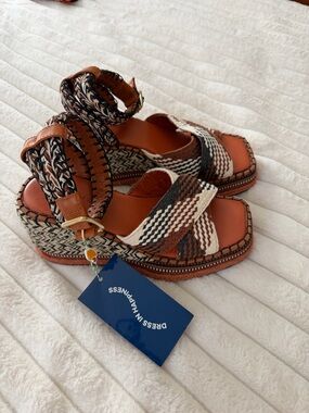 FARM Rio Tan, Black & Cream Woven Ankle-Strap Wedge Sandals leather/ cotton